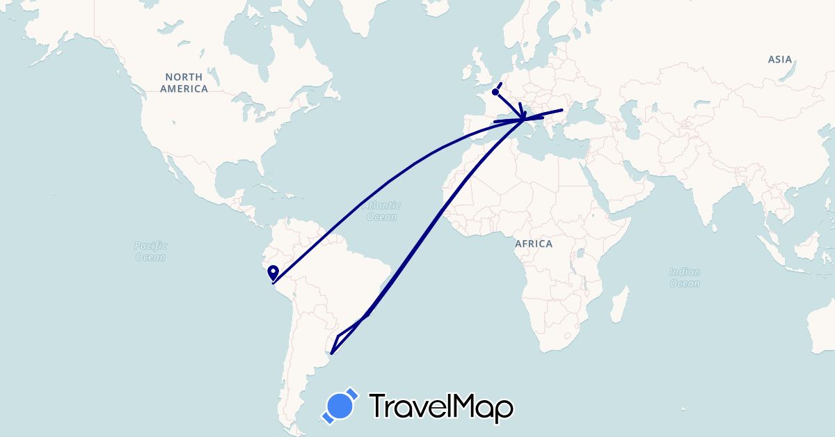 TravelMap itinerary: driving in Belgium, Brazil, Spain, France, Italy, Montenegro, Peru, Romania, Uruguay (Europe, South America)